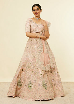 alt message - Mohey Women Golden Pink Sitara Embroidered Lehenga with Peacock Motifs image number 0